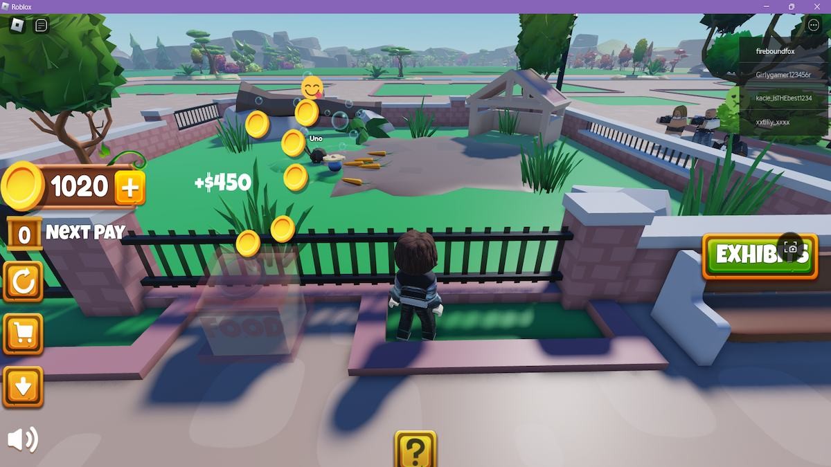 Một avatar đứng bên ngoài chuồng thỏ trong Roblox Zoo World Tycoon.