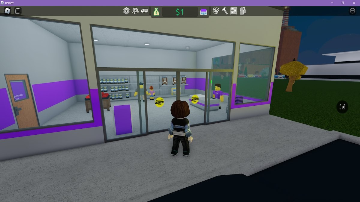 Một avatar đứng bên ngoài một cửa hàng nhỏ trong Roblox Retail Tycoon 2.