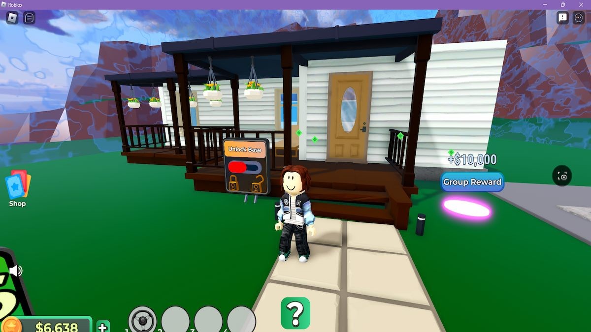 Một avatar đứng bên ngoài một ngôi nhà nhỏ trong Roblox Dreamhaven Tycoon.