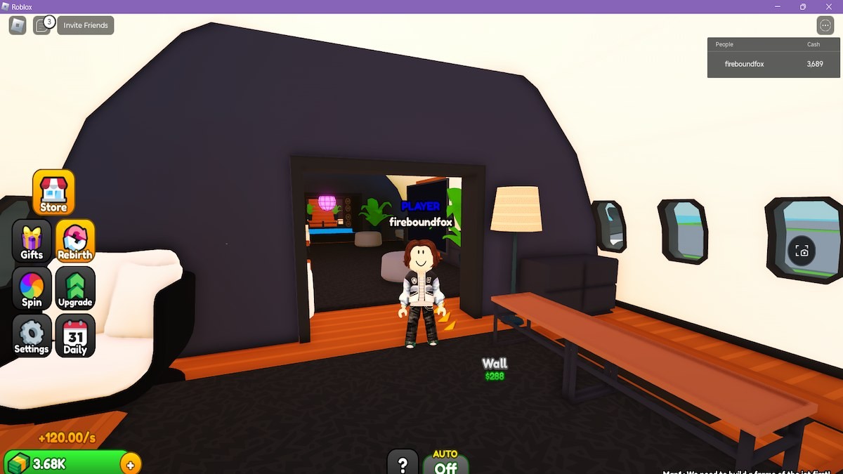 Một avatar đứng bên trong một chiếc máy bay phản lực lớn trong Roblox Mega Jet Tycoon.