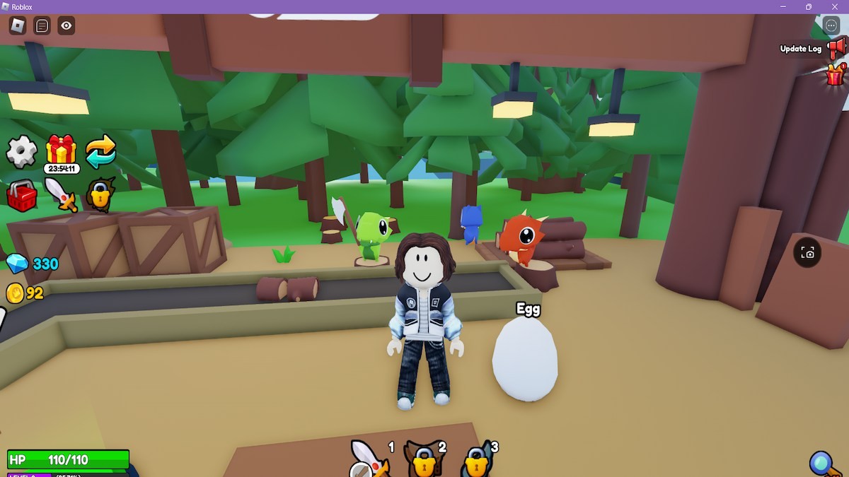 Một avatar đứng cùng một quả trứng và ba con rồng trong Roblox My Dragon Tycoon X.