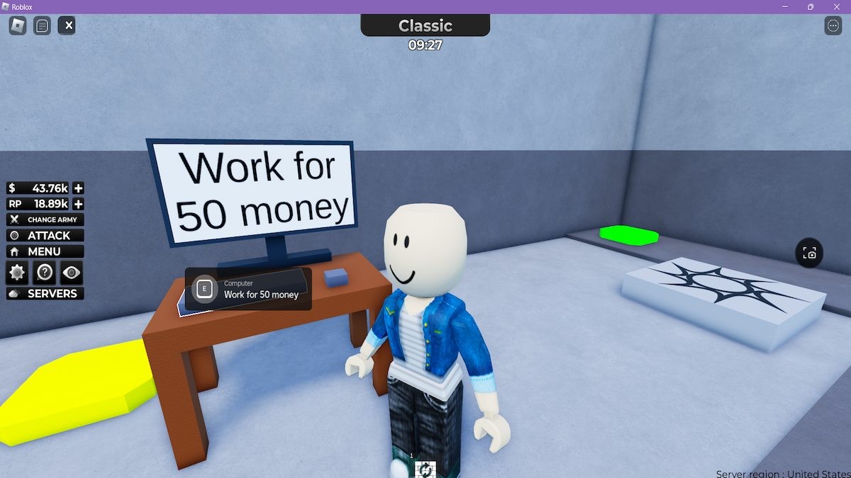 Một avatar đứng gần máy tính trong Roblox Noob Army Tycoon.