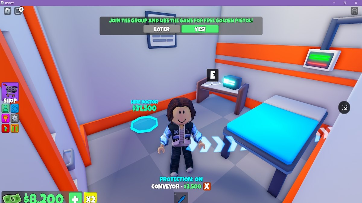 Một avatar đứng trong phòng bệnh nhân tại Roblox Hospital Tycoon.