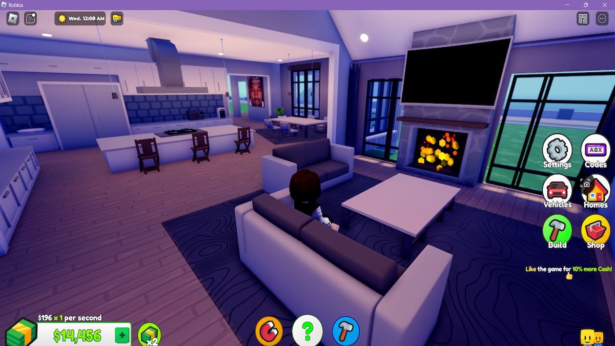 Một avatar ngồi trong phòng khách thiếu sáng tại Roblox Ultimate Home Tycoon.
