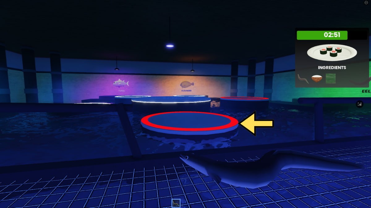 Một bệ đỡ màu đỏ đang chìm trong phòng Trang trại Cá của Roblox Scary Sushi