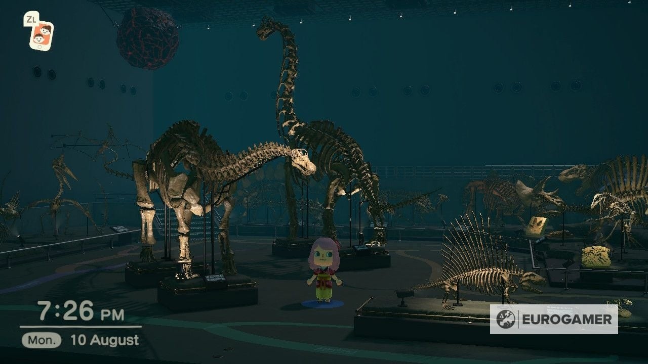 Một bộ xương hóa thạch khủng long được trưng bày ngoài trời trên đảo trong Animal Crossing