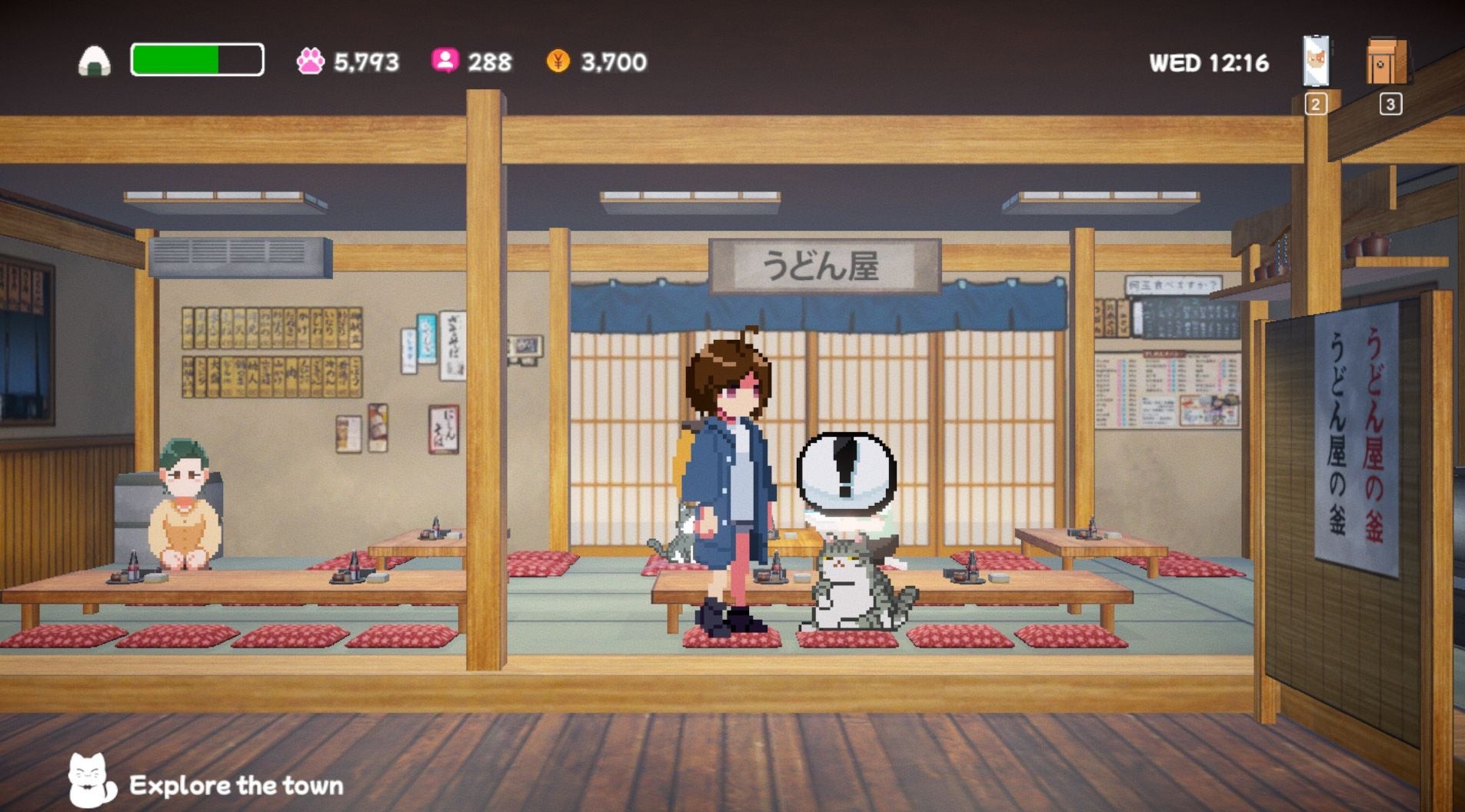 Một cảnh 2D pixel art của một cô gái trẻ và một chú mèo trong cửa hàng tatami-room trong Neko Odyssey