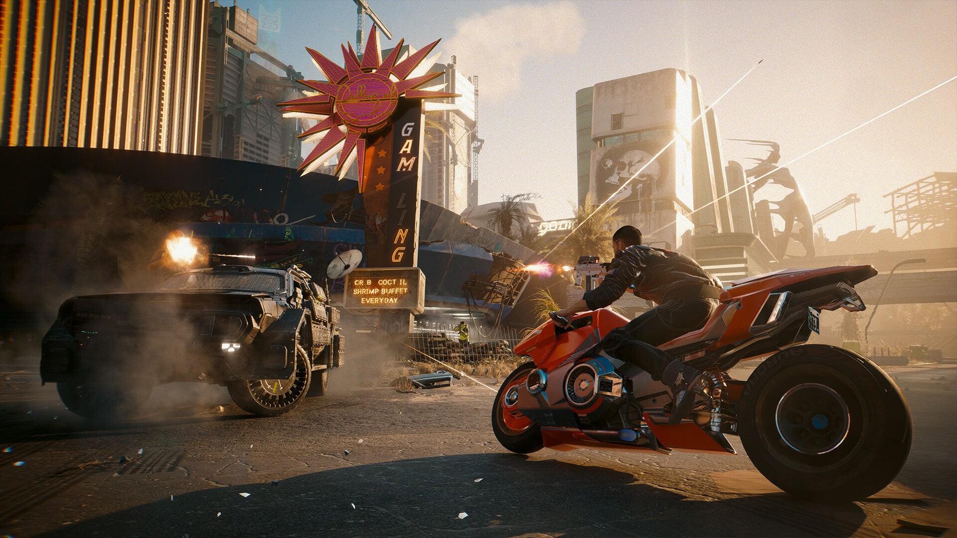 Một cảnh trong game Cyberpunk 2077 với nhân vật nhìn ra thành phố đêm