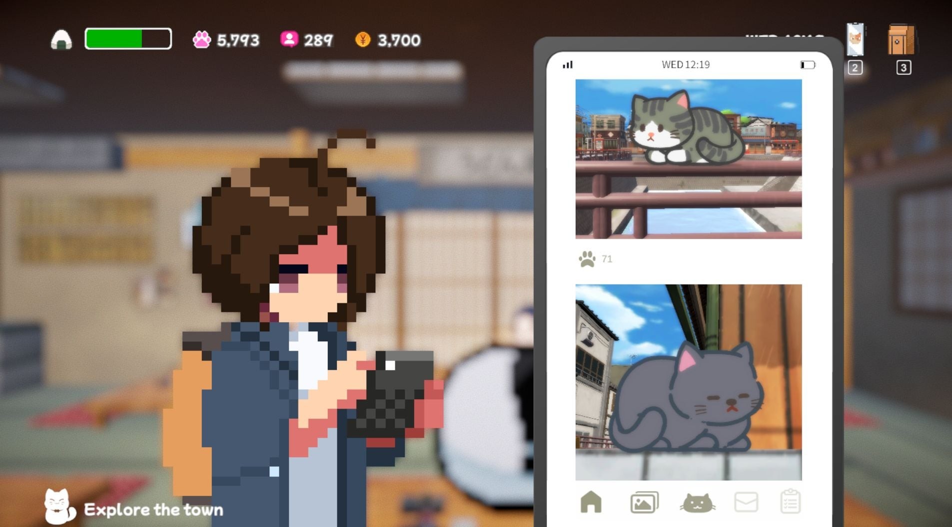 Một cô gái học sinh kiểm tra điện thoại và tài khoản mạng xã hội mèo trong Neko Odyssey