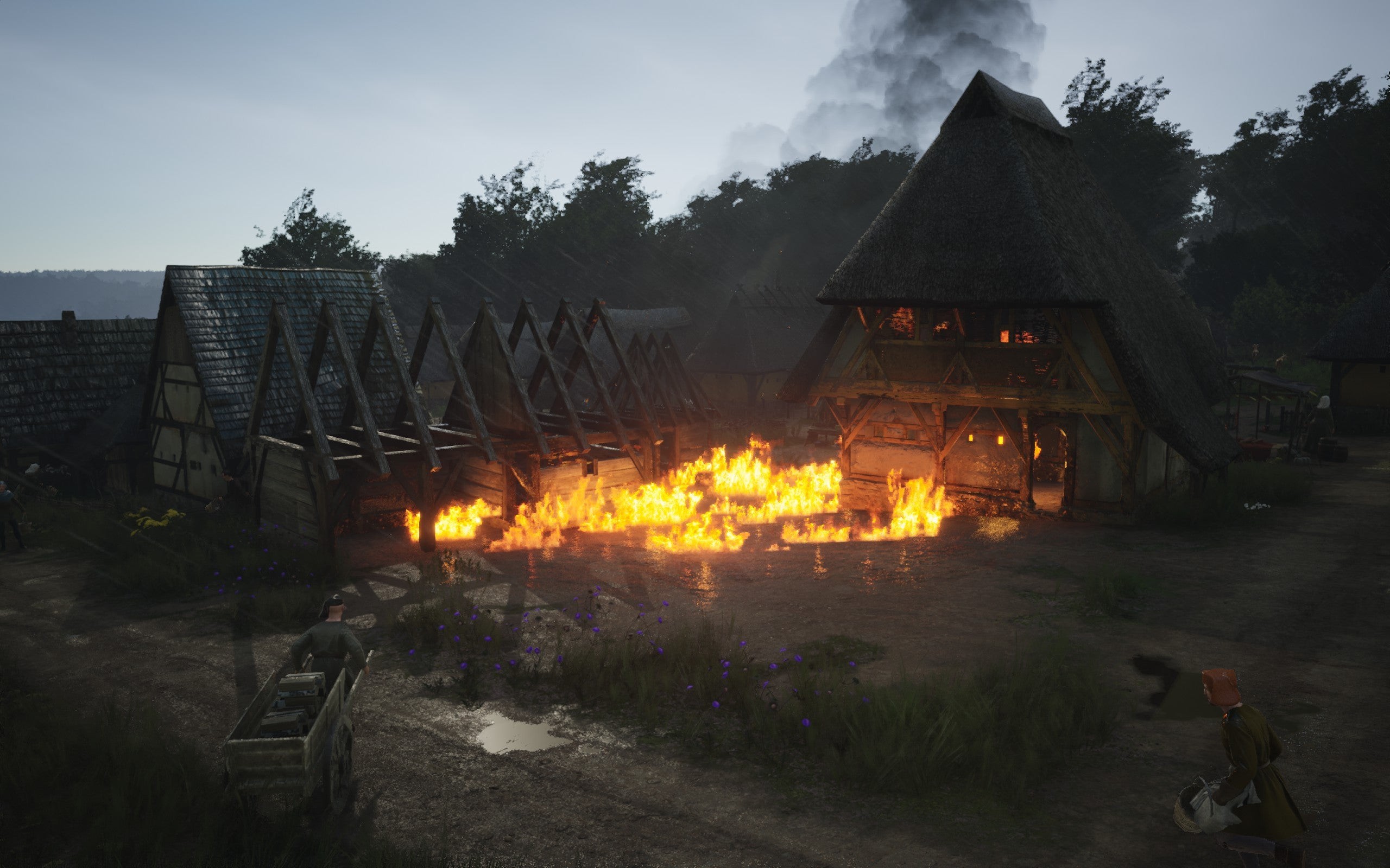 Một công trình đang bốc cháy trong Manor Lords