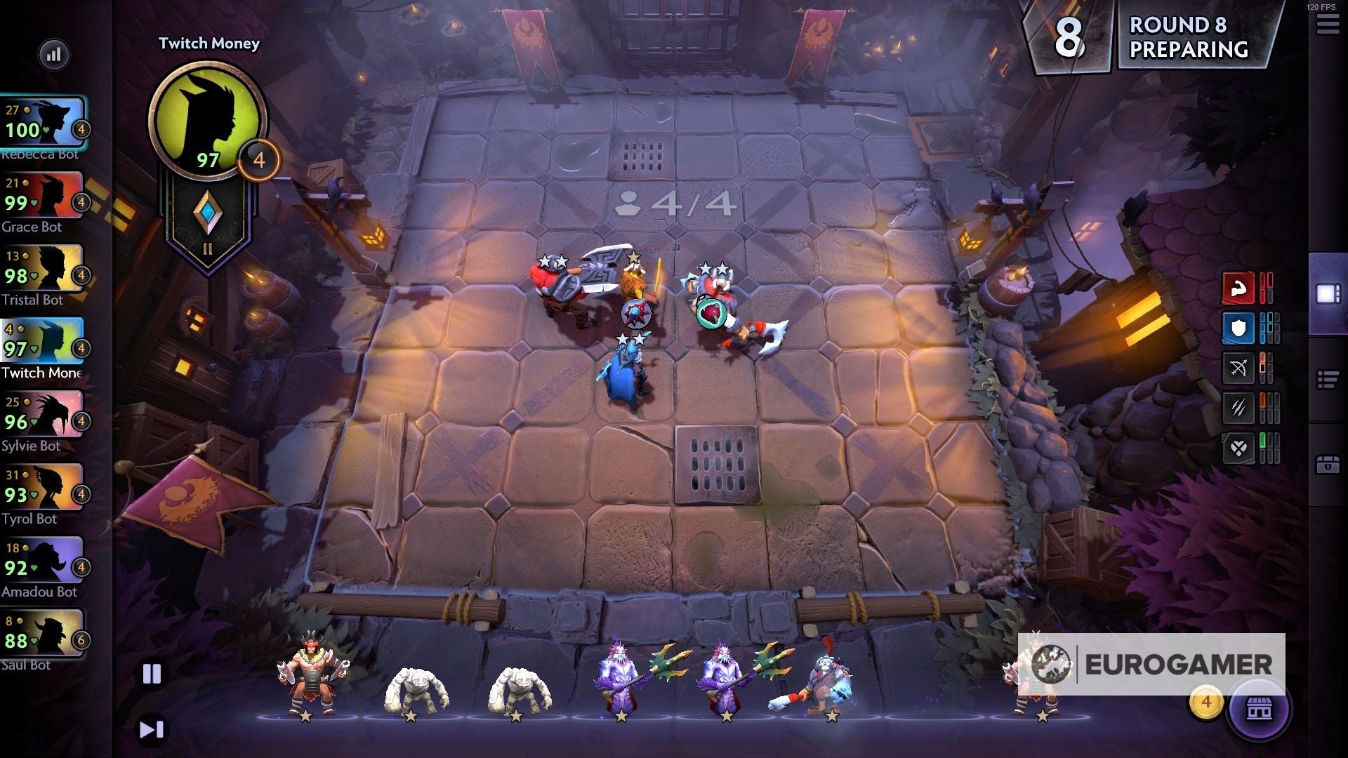 Một đội hình mạnh giai đoạn đầu game trong Dota Underlords với nhiều tướng 2 sao và kích hoạt Liên minh Brawny