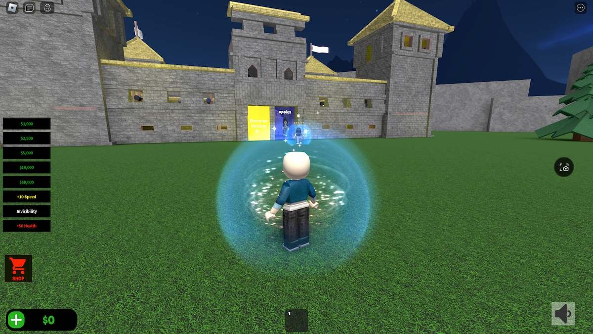 Một lâu đài lớn và hai avatar trong bong bóng màu xanh phát sáng trong Wizard Tycoon trên Roblox.