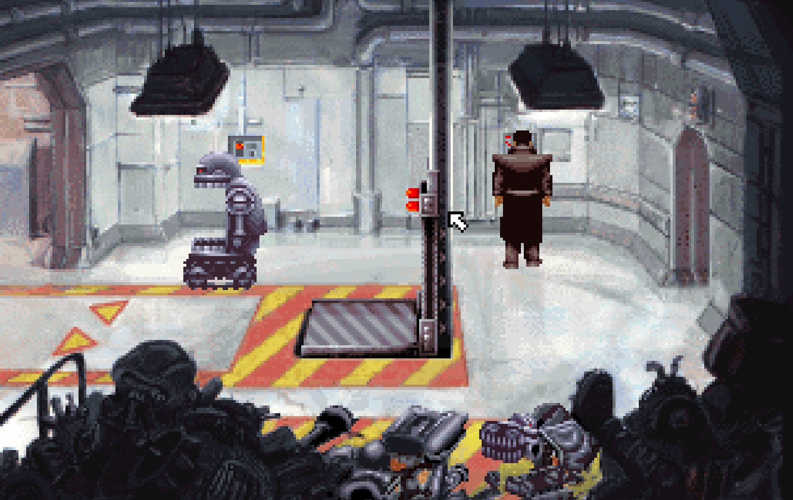Một người đàn ông vận hành tay quay bên trong nhà máy trong Beneath a Steel Sky.