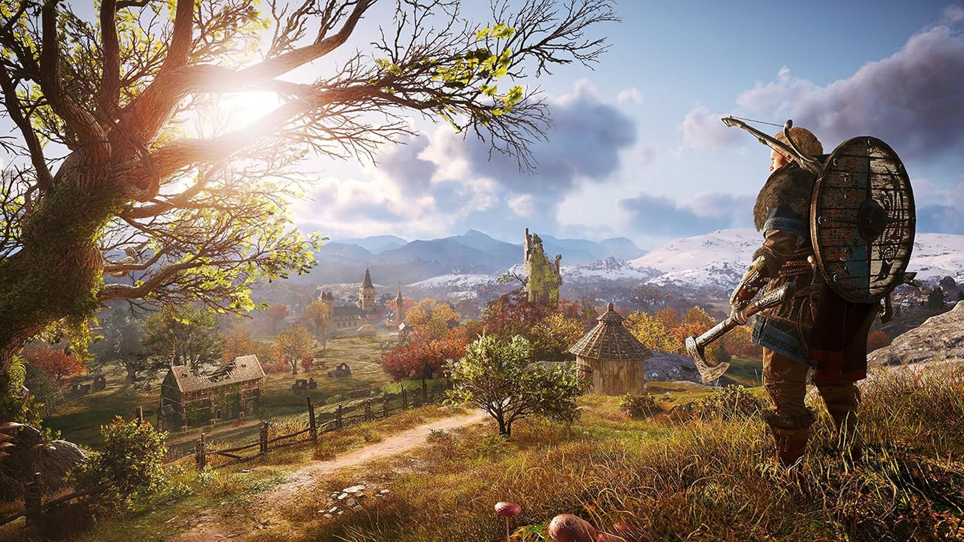 Một người Viking nhìn ra một vùng quê rộng lớn và yên bình trong Assassin's Creed Valhalla
