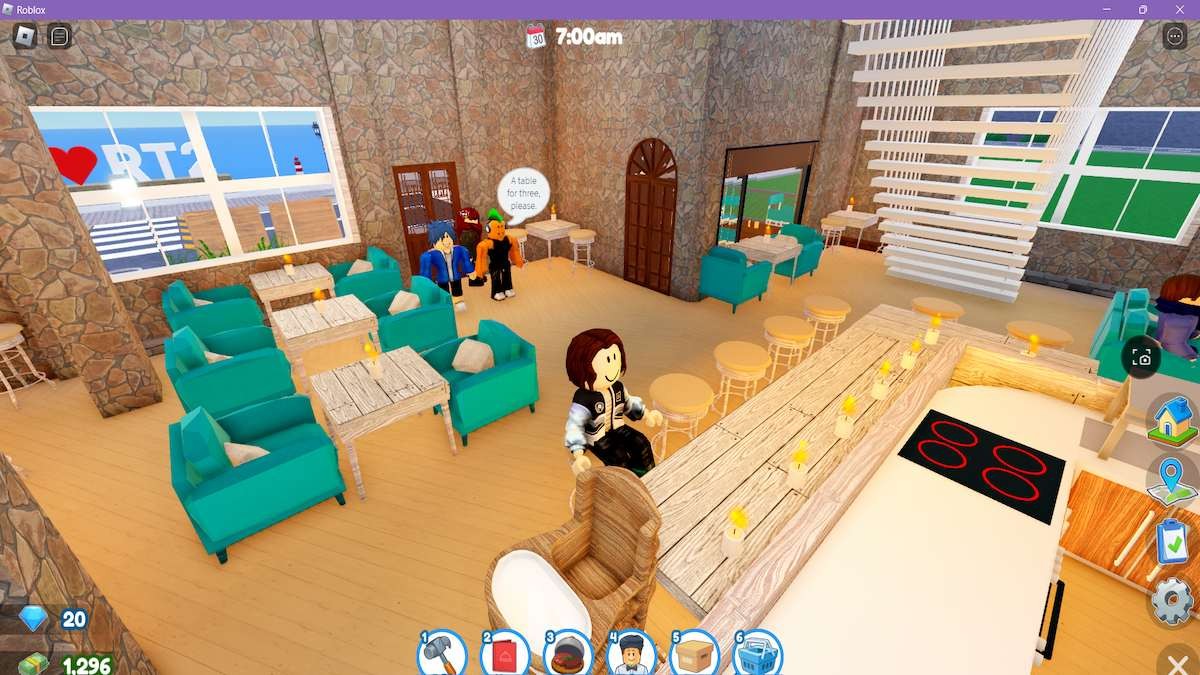 Một nhà hàng ven biển trong Roblox Restaurant Tycoon 2.