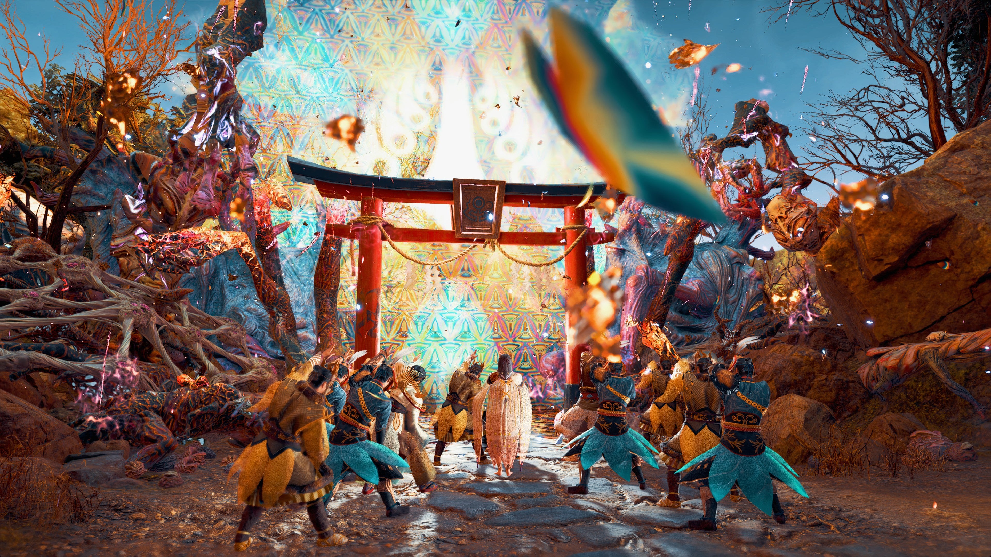 Một nữ tu sĩ và một nhóm chiến binh nhảy múa khi họ thanh tẩy một cổng torii trong Kunitsu-Gami: Path of the Goddess