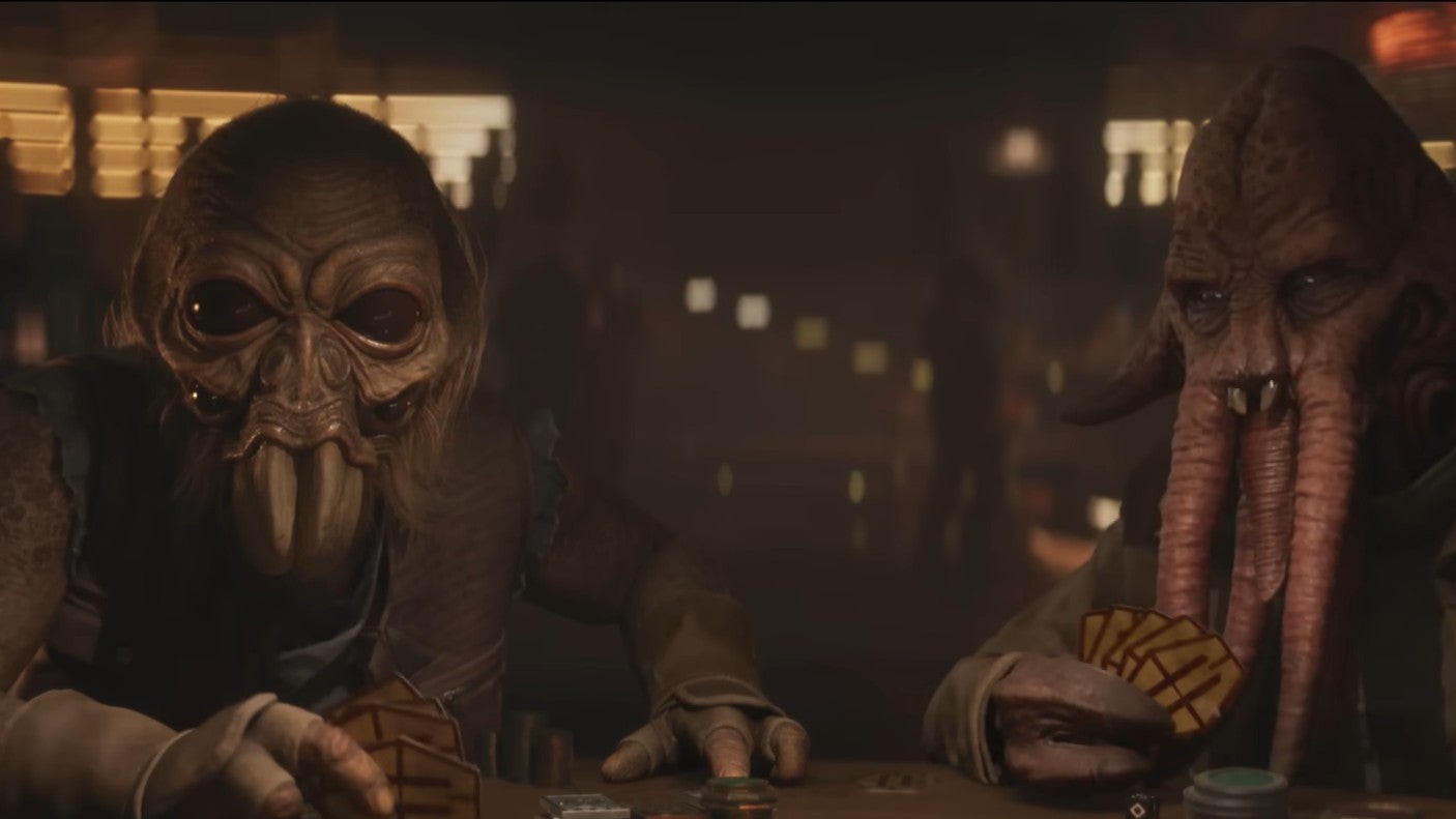Một Quarren và một Aqualish đang chơi Sabacc trong Star Wars Outlaws