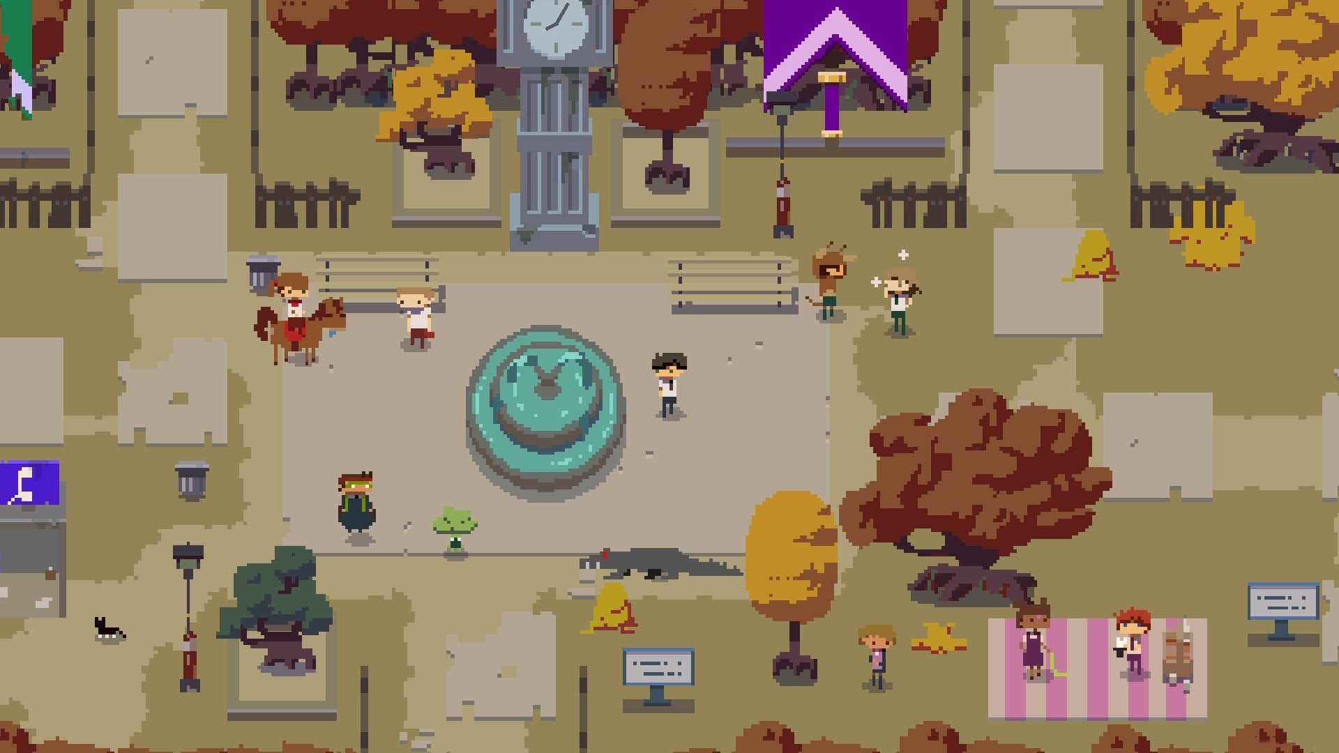 Một sân trường nhìn từ trên cao trong pixel art với một đài phun nước sáng ở trung tâm trong Kraken Academy!!