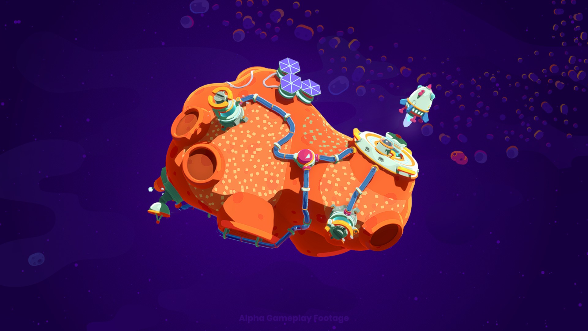 Một tiểu hành tinh màu cam hình hạt đậu trong game Star Birds với các cấu trúc xây dựng