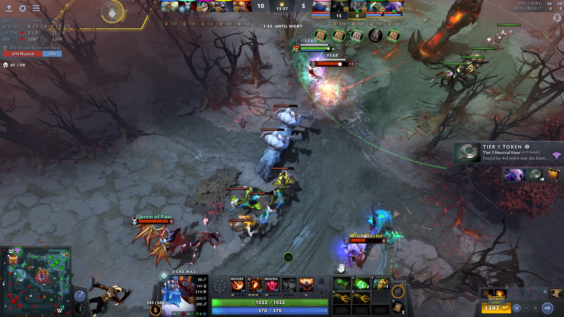 Một trận chiến trong Dota 2 diễn ra ở làn đường giữa với nhiều quái Chen.