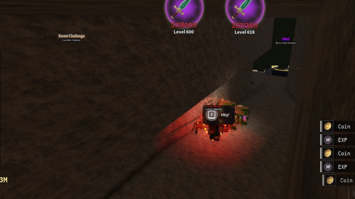Mr.Clark phía sau bức tượng Boss Rock Golem Sentinel trên đảo Mystic Grove trong Lootify
