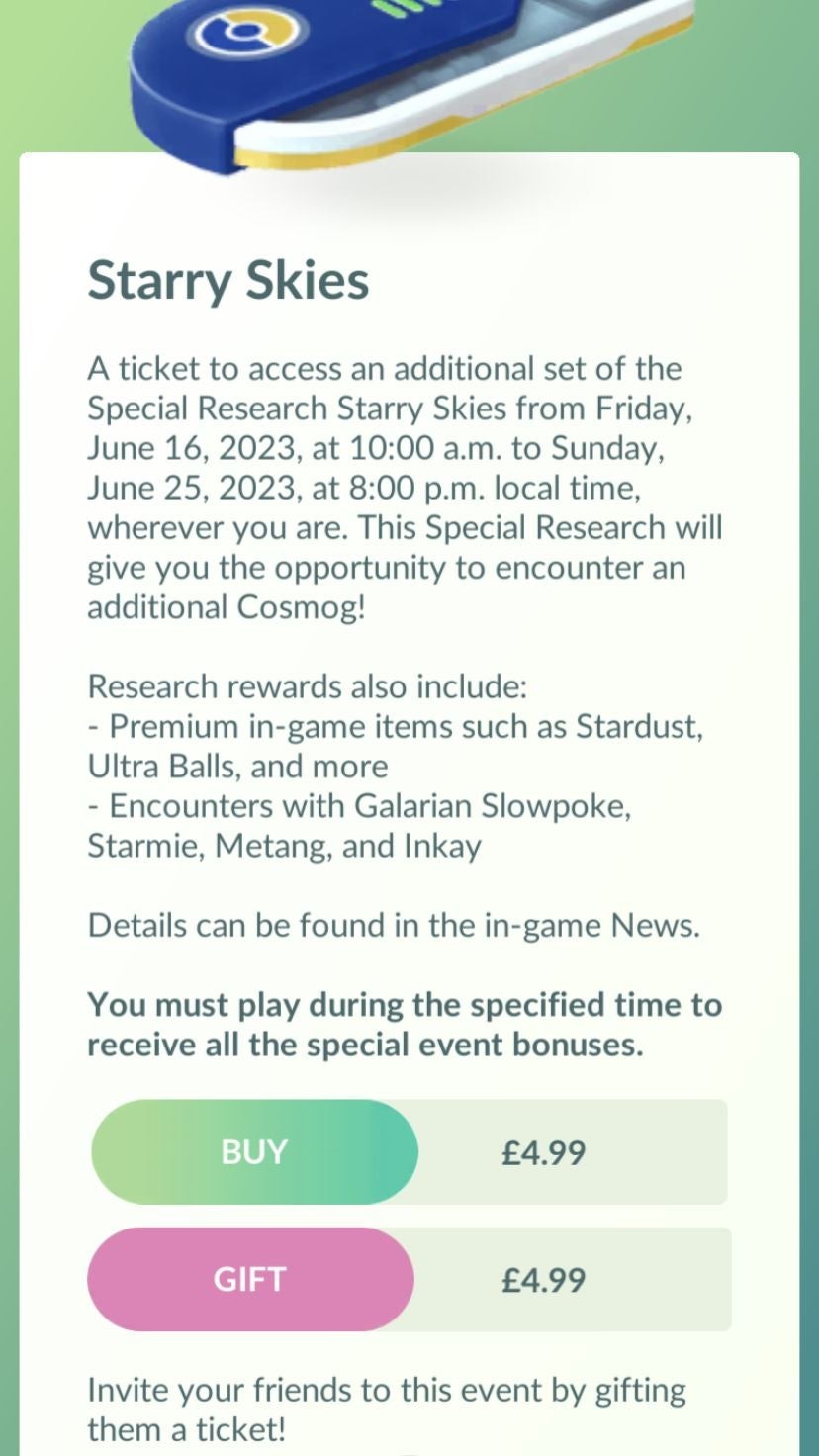Mua vé nhiệm vụ Starry Skies trong cửa hàng Pokémon Go (hình 2)