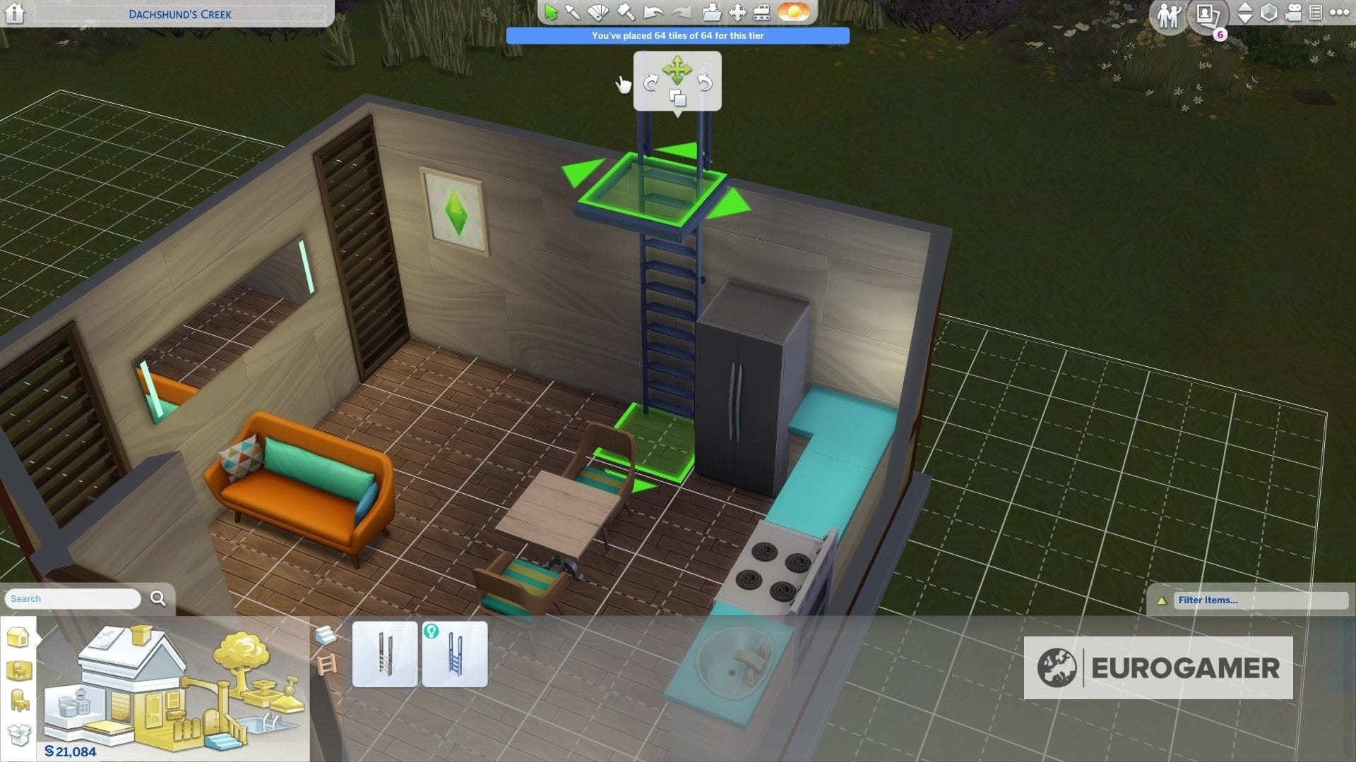 Mũi tên xanh lá cây chỉ các hướng Sim có thể tiếp cận thang trong The Sims 4