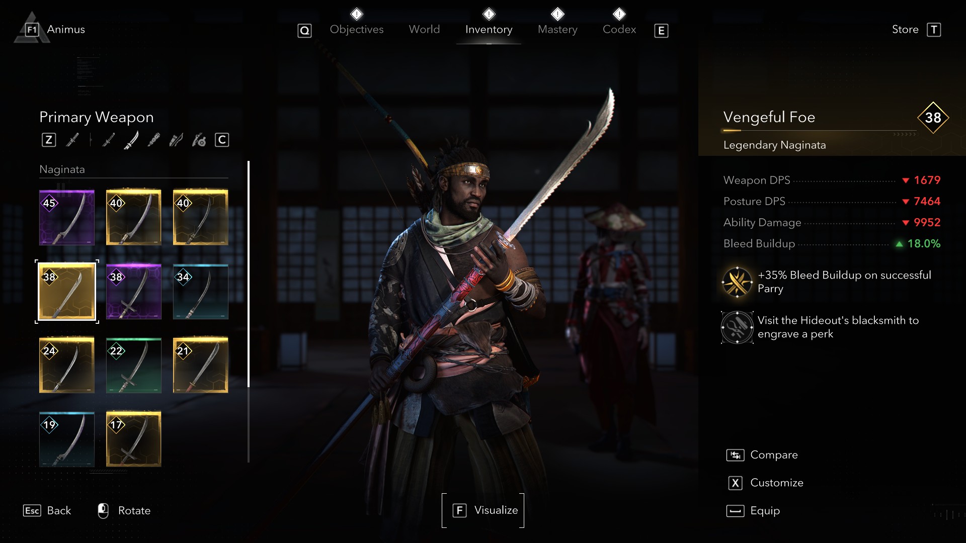 Naginata Vengeful Foe gây ra hiệu ứng Chảy Máu khi đỡ đòn thành công