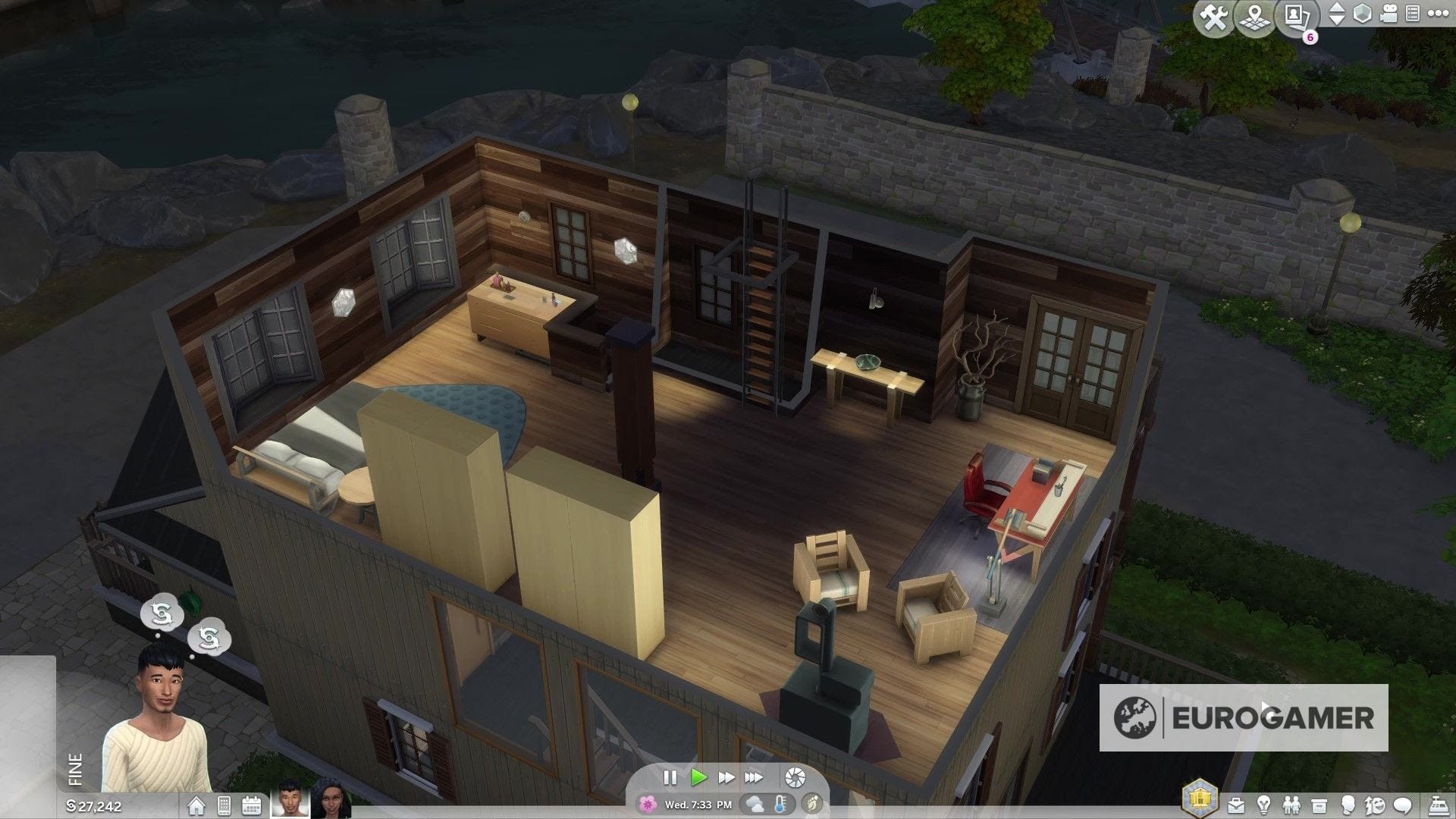 Ngôi nhà The Old Mill trong The Sims 4 Eco Lifestyle sử dụng thang cho tầng áp mái hẹp