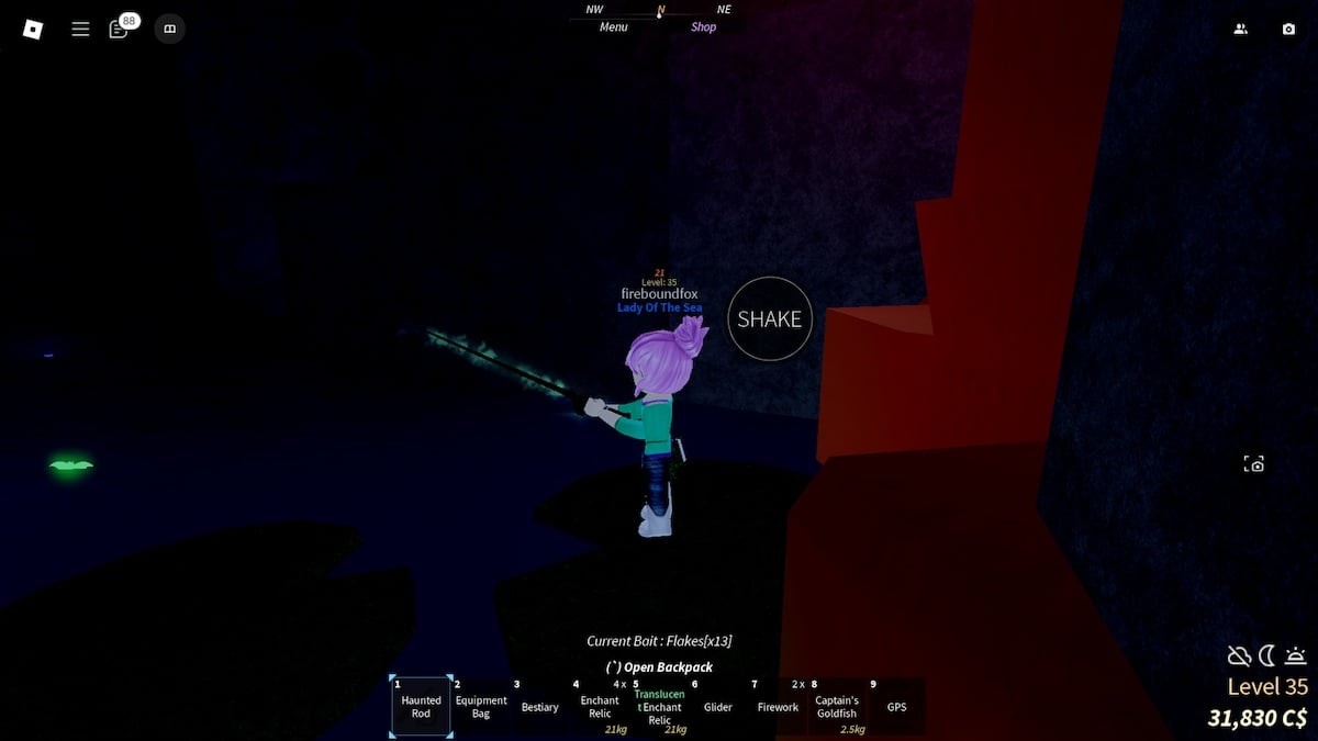 Người chơi đang câu cá trong khu vực The Depths của game Fisch trên Roblox