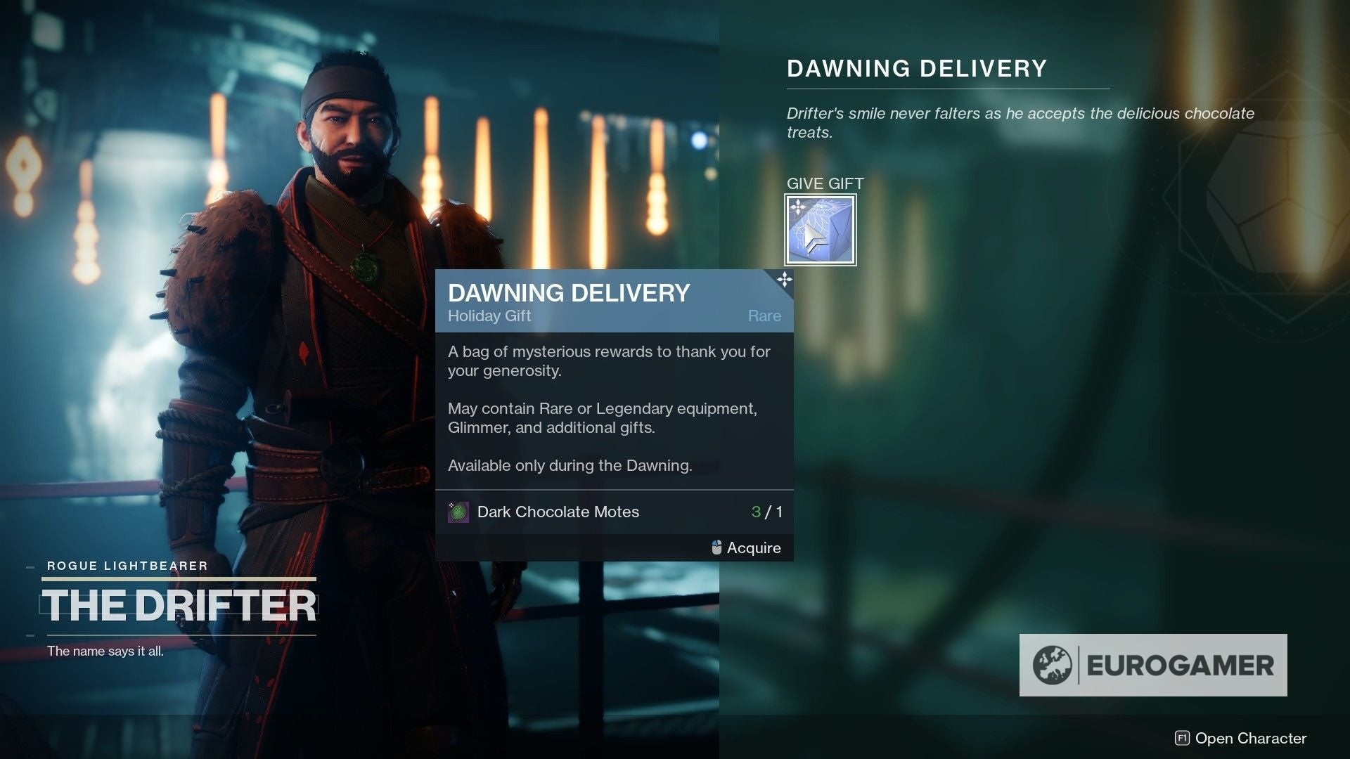 Người chơi Destiny 2 đang tương tác với NPC Drifter tại Tower Annex