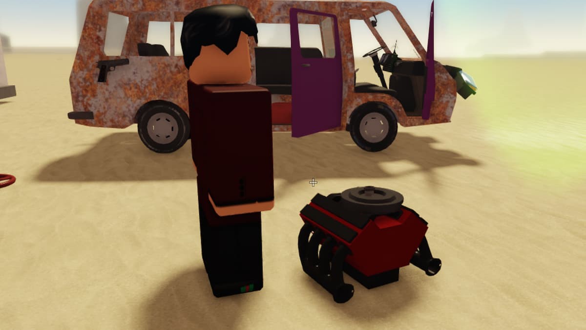 Người chơi đứng cạnh Động cơ Demon màu đỏ đen trong A Dusty Trip Roblox