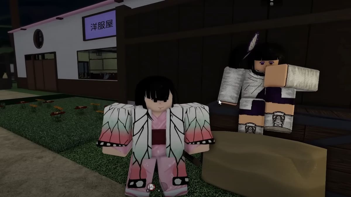 Người chơi đứng cạnh NPC Tsuyuri - Huấn luyện viên Hơi thở Hoa trong Demonfall