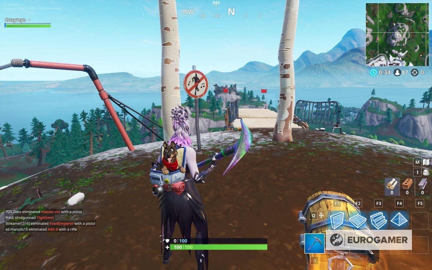 Người chơi đứng gần biển báo cấm nhảy trên núi ở Pleasant Park, Fortnite