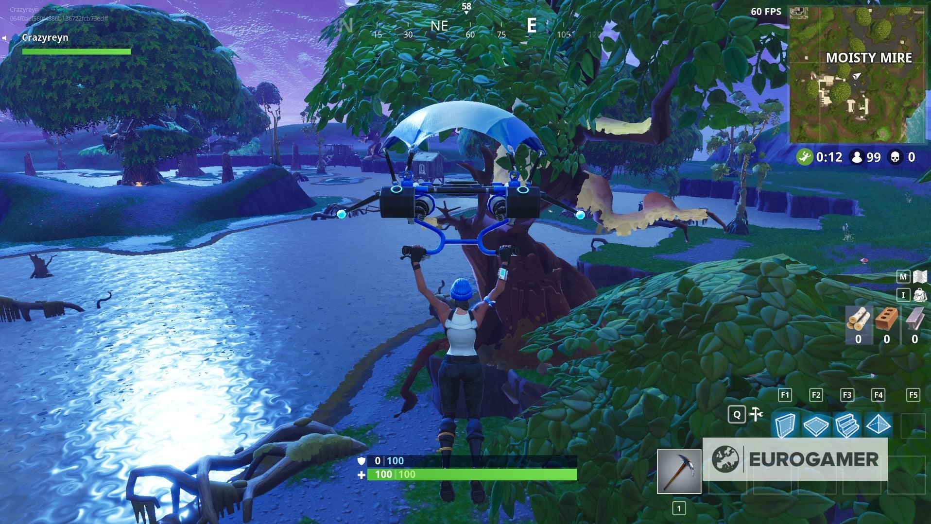 Người chơi Fortnite đứng tại vị trí kho báu ẩn giữa Ghế dài, Xe Kem, Trực thăng