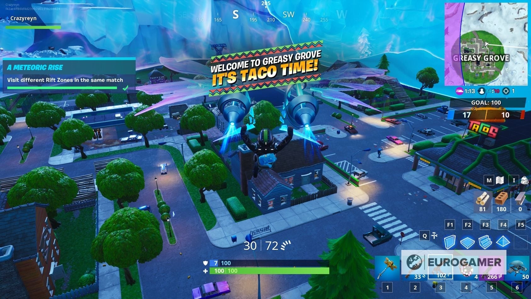 Người chơi Fortnite sử dụng khe nứt (Rift) gần Stone Head để di chuyển nhanh giữa các Rift Zone