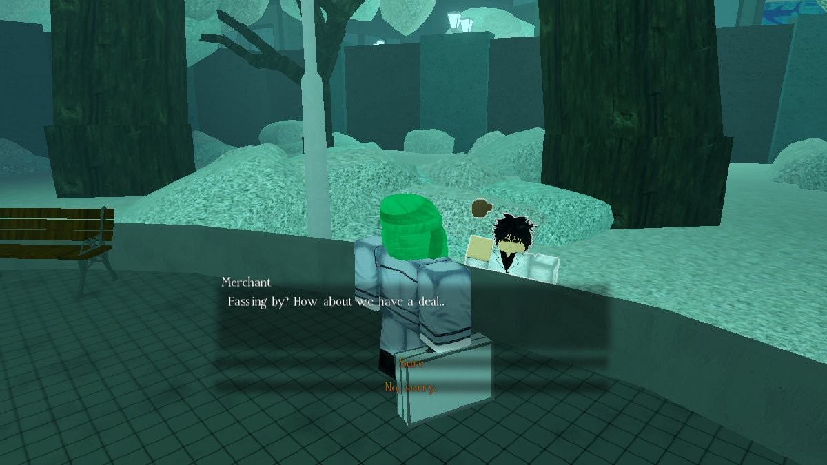 Người chơi giao dịch với NPC bán Trinket tại Công Viên trong GHOUL RE trên Roblox.
