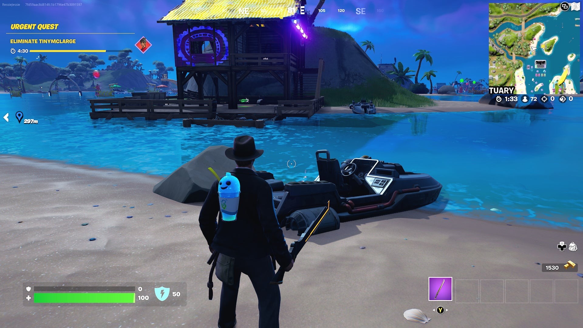 Người chơi lái thuyền trên sông hướng về phía tây Reality Falls trong Fortnite