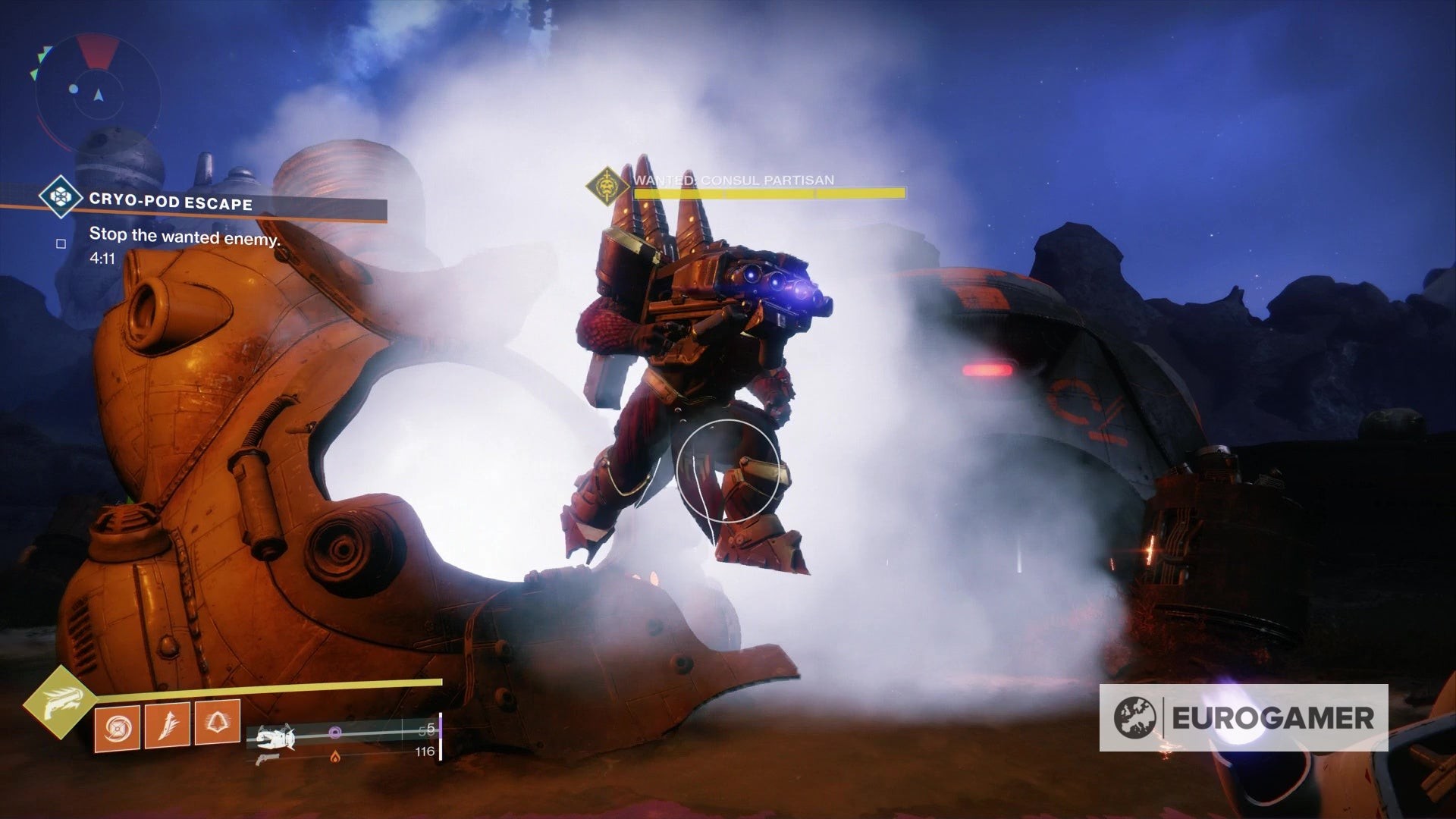 Người chơi nhắm bắn kẻ địch truy nã trong sự kiện Cryo-Pod Destiny 2 trước khi đóng băng