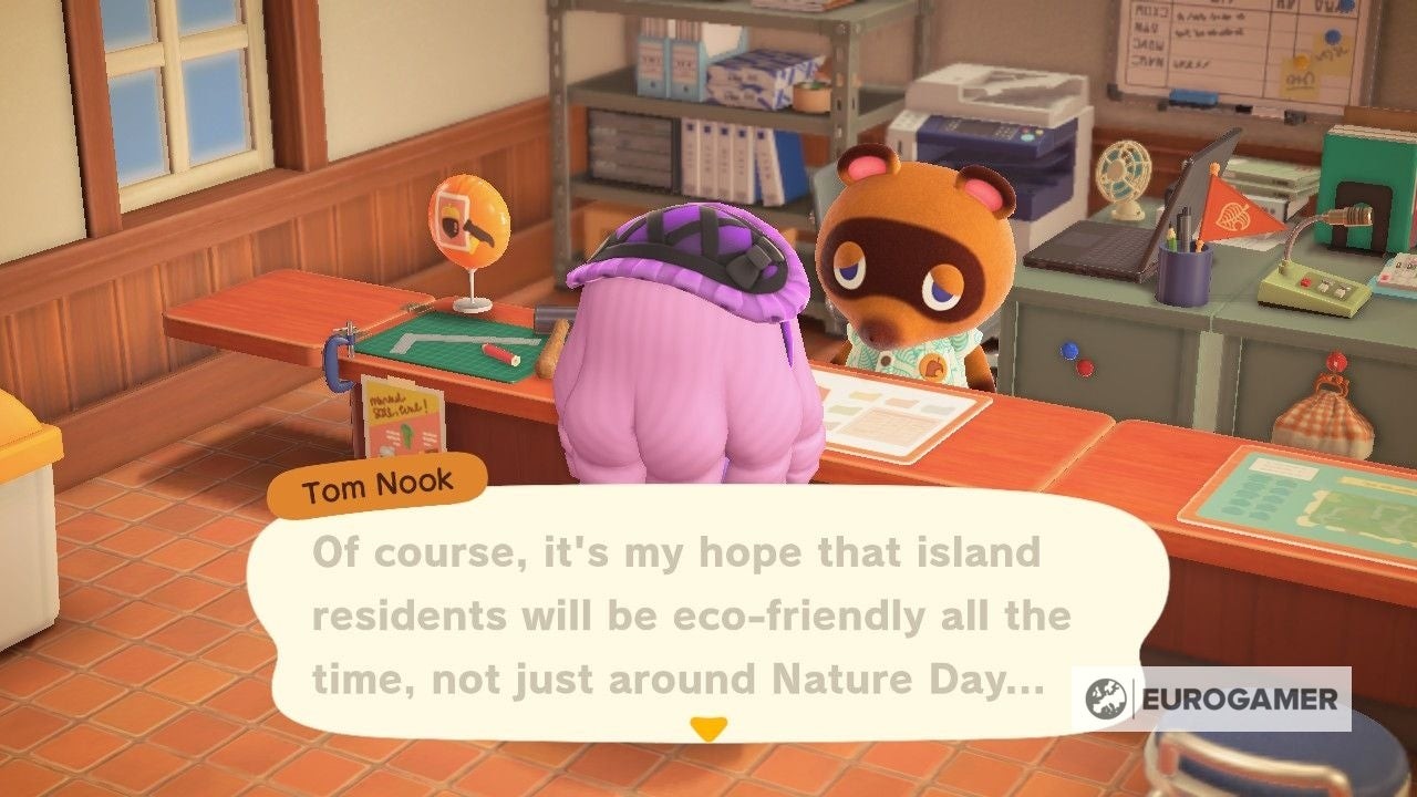Người chơi nói chuyện với Tom Nook tại Dịch vụ Cư dân nhận phần thưởng Nature Day