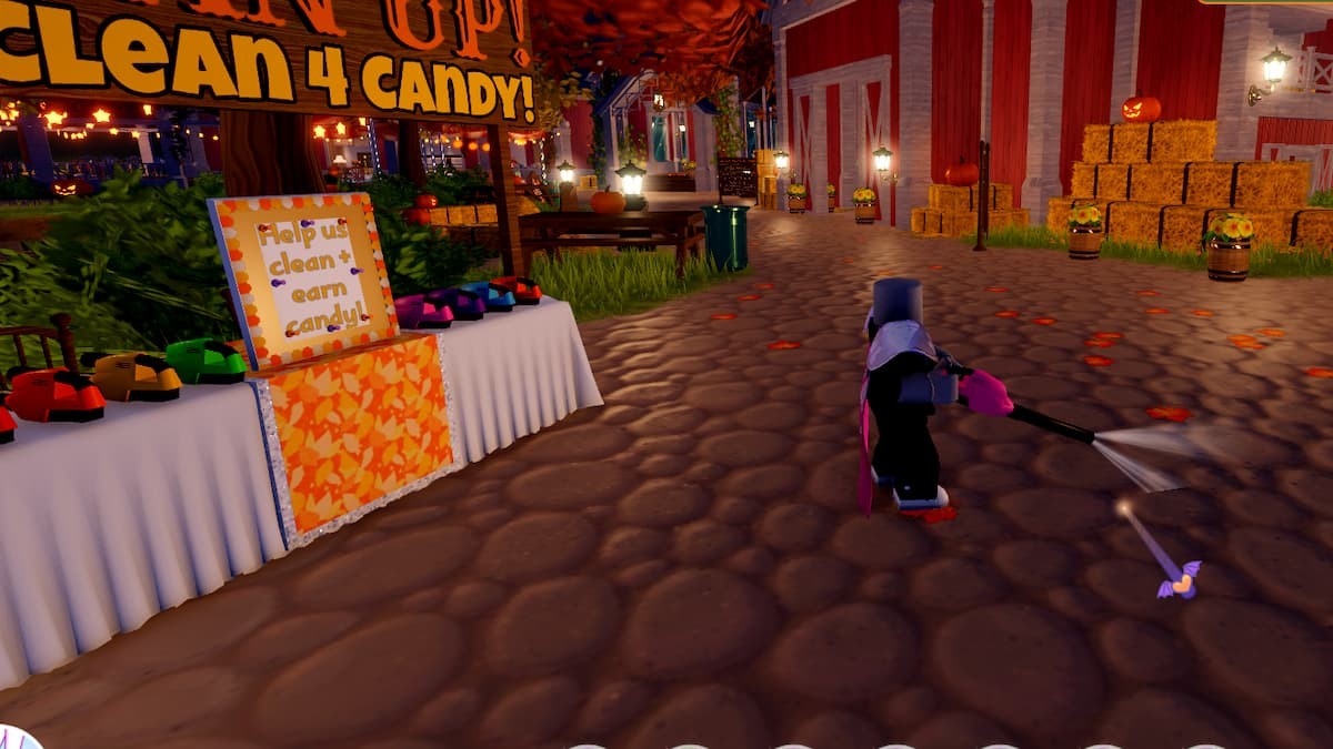 Người chơi sử dụng máy hút bụi trong mini-game Dọn Dẹp Lá Rụng Royale High