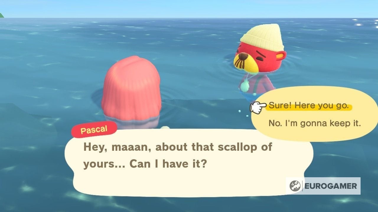 Người chơi trao đổi sò điệp với Pascal để nhận phần thưởng trong Animal Crossing.