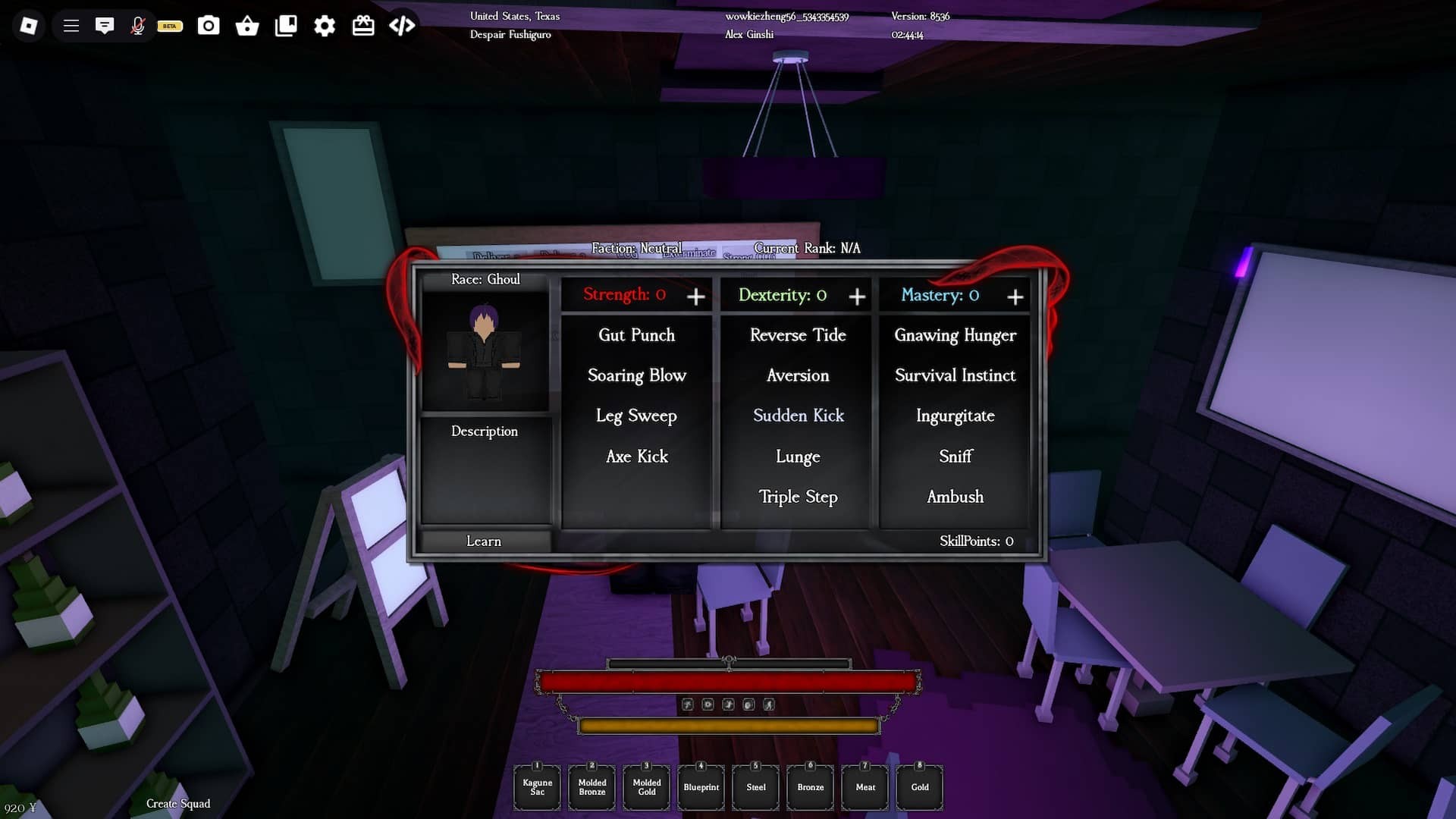 Người chơi truy cập menu Cây Kỹ Năng trong GHOUL RE trên Roblox