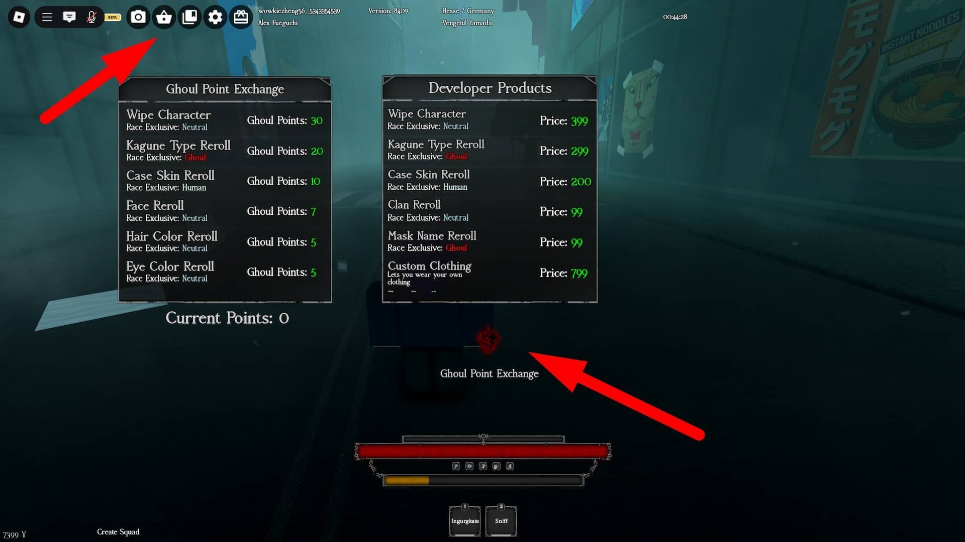 Người chơi truy cập menu Ghoul Point Exchange trong GHOUL RE trên Roblox
