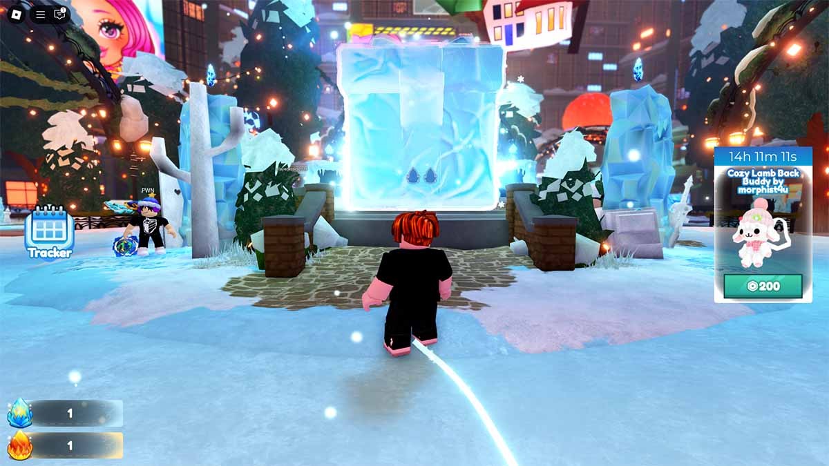 Người chơi tương tác với hộp quà lớn để đổi Token Thường trong Winter Spotlight