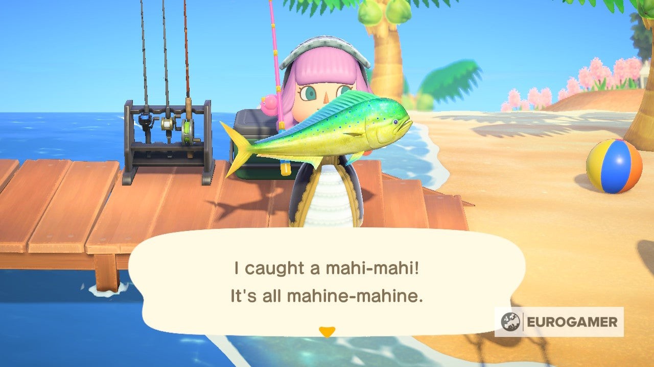 Người chơi vui mừng khoe chiến lợi phẩm là một con cá Mahi-mahi trong Animal Crossing New Horizons