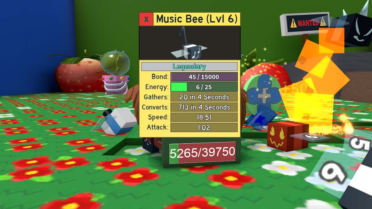 Người chơi xem xét ong Music Bee trong giao diện game Bee Swarm Simulator