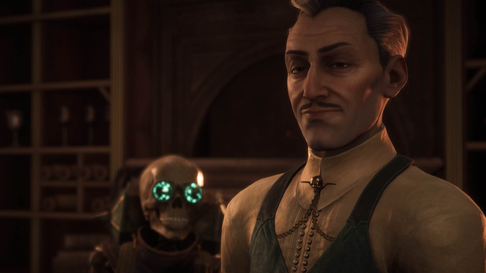 Nhà chiêu hồn Emmrich và bộ xương Manfred bạn đồng hành trong Dragon Age The Veilguard