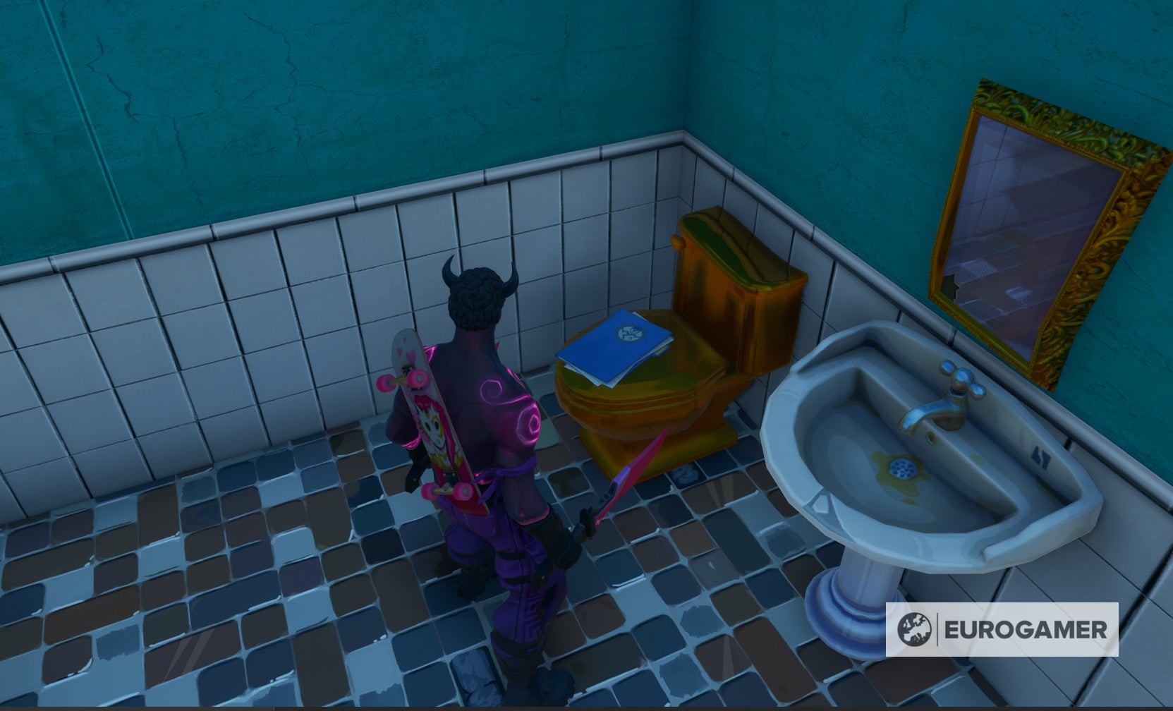 Nhà vệ sinh vàng với logo Alter trong Fortnite