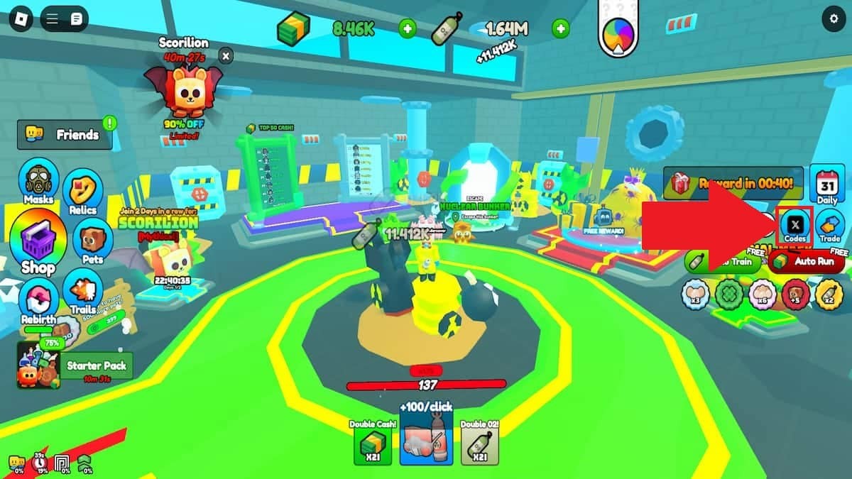 Nhấn nút Codes trong Nuclear Bunker Survival Simulator để mở ô nhập code